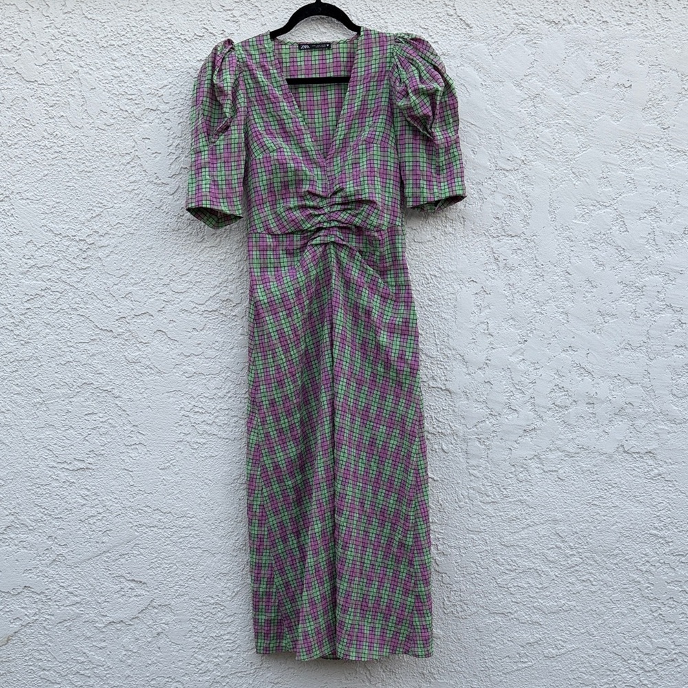 Zara Green and Pink Plaid Midi Dress